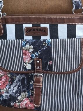 UNIONBAY Floral & Stripe Canvas Shoulder Bag with Brown Trim